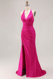 Fuchsia Mermaid Halter Shining Satin Open Back Ruched Long Prom Dress with Slit
