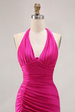 Fuchsia Mermaid Halter Shining Satin Open Back Ruched Long Prom Dress with Slit