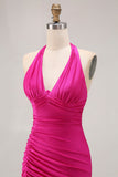 Fuchsia Mermaid Halter Shining Satin Open Back Ruched Long Prom Dress with Slit