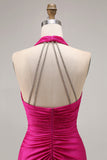 Fuchsia Mermaid Halter Shining Satin Open Back Ruched Long Prom Dress with Slit