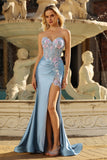 Sweetheart Grey Blue Mermaid Appliqued Corset Beaded Long Prom Dress with Slit
