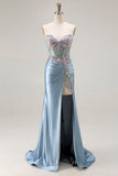 Sweetheart Grey Blue Mermaid Appliqued Corset Beaded Long Prom Dress with Slit