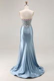 Sweetheart Grey Blue Mermaid Appliqued Corset Beaded Long Prom Dress with Slit