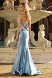 Sweetheart Grey Blue Mermaid Appliqued Corset Beaded Long Prom Dress with Slit