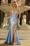 Sweetheart Grey Blue Mermaid Appliqued Corset Beaded Long Prom Dress with Slit