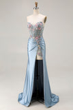 Grey Blue Mermaid Sweetheart Corset Appliqued Beaded Long Prom Dress with Slit