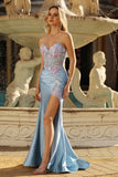 Sweetheart Grey Blue Mermaid Appliqued Corset Beaded Long Prom Dress with Slit