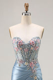 Grey Blue Mermaid Sweetheart Corset Appliqued Beaded Long Prom Dress with Slit