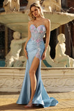 Sweetheart Grey Blue Mermaid Appliqued Corset Beaded Long Prom Dress with Slit