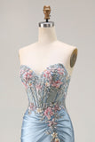 Grey Blue Mermaid Sweetheart Corset Appliqued Beaded Long Prom Dress with Slit
