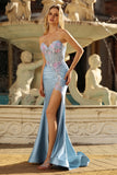 Sweetheart Grey Blue Mermaid Appliqued Corset Beaded Long Prom Dress with Slit