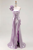 Metallic Light Purple One-Shoulder Long Ruffled Prom Dress with Flower Detail