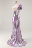 Metallic Light Purple One-Shoulder Long Ruffled Prom Dress with Flower Detail