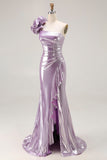 Metallic Light Purple One-Shoulder Long Ruffled Prom Dress with Flower Detail