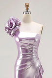 Metallic Light Purple One-Shoulder Long Ruffled Prom Dress with Flower Detail