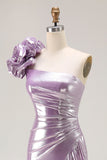 Metallic Light Purple One-Shoulder Long Ruffled Prom Dress with Flower Detail