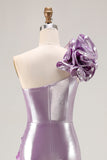 Metallic Light Purple One-Shoulder Long Ruffled Prom Dress with Flower Detail