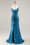Royal Blue Mermaid Strapless Ruched Corset Beaded Long Prom Dress with Slit