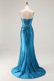Royal Blue Mermaid Strapless Ruched Corset Beaded Long Prom Dress with Slit