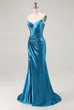 Royal Blue Mermaid Strapless Ruched Corset Beaded Long Prom Dress with Slit