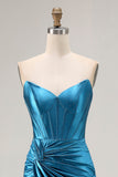 Royal Blue Mermaid Strapless Ruched Corset Beaded Long Prom Dress with Slit