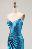 Royal Blue Mermaid Strapless Ruched Corset Beaded Long Prom Dress with Slit