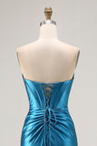 Royal Blue Mermaid Strapless Ruched Corset Beaded Long Prom Dress with Slit