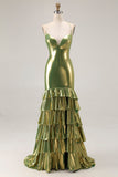 Metallic Gold Mermaid Tiered Tie Back Long Prom Dress with Ruffle Slit