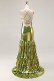Metallic Gold Mermaid Tiered Tie Back Long Prom Dress with Ruffle Slit