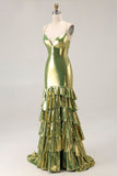 Metallic Gold Mermaid Tiered Tie Back Long Prom Dress with Ruffle Slit