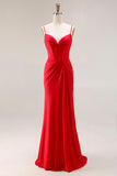 Red Mermaid Spaghetti Straps Ruched Corset Satin Long Prom Dress