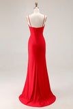 Red Mermaid Spaghetti Straps Ruched Corset Satin Long Prom Dress