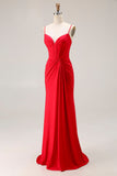 Red Mermaid Spaghetti Straps Ruched Corset Satin Long Prom Dress
