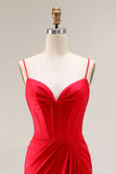 Red Mermaid Spaghetti Straps Ruched Corset Satin Long Prom Dress