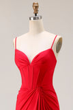 Red Mermaid Spaghetti Straps Ruched Corset Satin Long Prom Dress