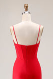 Red Mermaid Spaghetti Straps Ruched Corset Satin Long Prom Dress