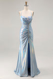 Metallic Light Blue Mermaid Beaded Lace Up Back Ruched Long Prom Dress with Slit
