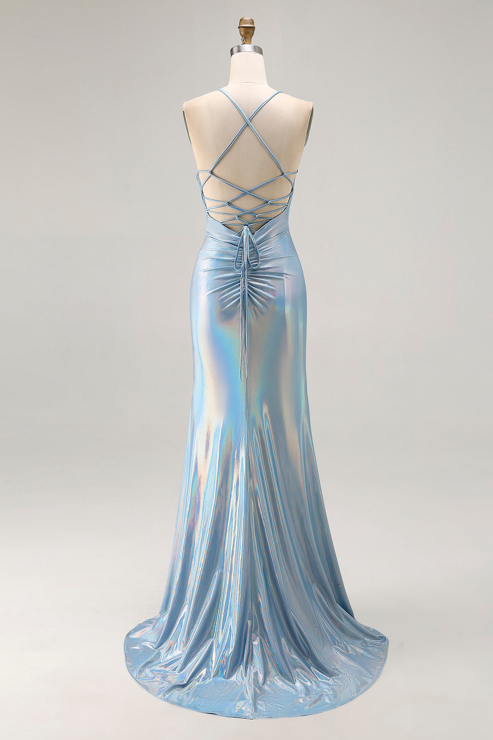 WEDTREND Women Light Blue Metallic Prom Dress with Slit Ruched Mermaid
