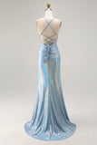 Metallic Light Blue Mermaid Beaded Lace Up Back Ruched Long Prom Dress with Slit