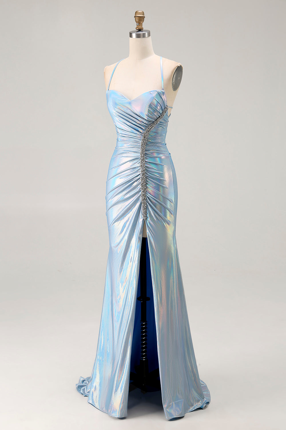 WEDTREND Women Light Blue Metallic Prom Dress with Slit Ruched Mermaid