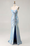 Metallic Light Blue Mermaid Beaded Lace Up Back Ruched Long Prom Dress with Slit