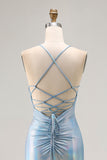 Metallic Light Blue Mermaid Beaded Lace Up Back Ruched Long Prom Dress with Slit