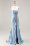 Light Blue Mermaid Ruched Lace Up Back Beaded Long Prom Dress with Slit