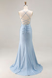 Light Blue Mermaid Ruched Lace Up Back Beaded Long Prom Dress with Slit