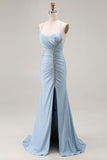 Light Blue Mermaid Ruched Lace Up Back Beaded Long Prom Dress with Slit