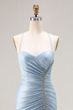 Light Blue Mermaid Ruched Lace Up Back Beaded Long Prom Dress with Slit