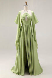 Sage Green A Line Halter Corset Keyhole Long Satin Convertible Dress with Slit