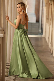 Sage Green Halter A Line Corset Keyhole Long Satin Convertible Prom Dress with Slit