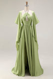 Sage Green A Line Halter Corset Keyhole Long Satin Convertible Dress with Slit