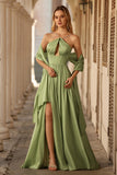 Sage Green A Line Halter Corset Keyhole Long Satin Convertible Dress with Slit